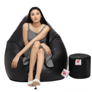 GUNJ XXL Artificial Leather Teardrop & Footstool Bean Bag Cover Pack of-2 (Without Bean Filling (Black)