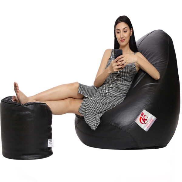 GUNJ XXL Artificial Leather Teardrop & Footstool Bean Bag Cover Pack of-2 (Without Bean Filling (Black) - Image 2