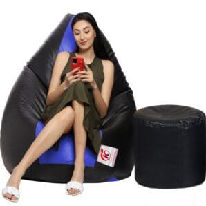 GUNJ XXL Artificial Leather Teardrop & Footstool Bean Bag Cover Pack of-2 (Without Bean Filling (Black & Blue)