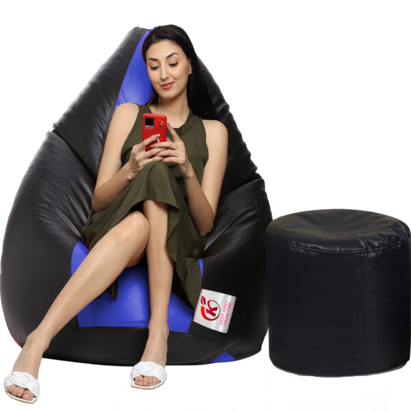 GUNJ XXL Artificial Leather Teardrop & Footstool Bean Bag Cover Pack of-2 (Without Bean Filling (Black & Blue)