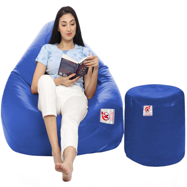 GUNJ XXL Artificial Leather Teardrop & Footstool Bean Bag Cover Pack of-2 (Without Bean Filling (Blue)