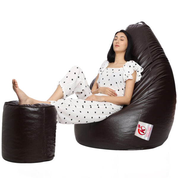 GUNJ XXL Artificial Leather Teardrop & Footstool Bean Bag Cover Pack of-2 (Without Bean Filling (Brown) - Image 3