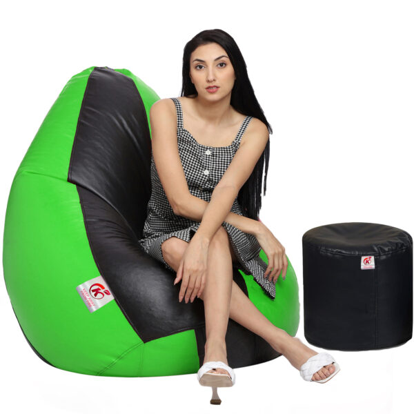 GUNJ XXL Artificial Leather Teardrop & Footstool Bean Bag Cover Pack of-2 (Without Bean Filling (Black & Green)