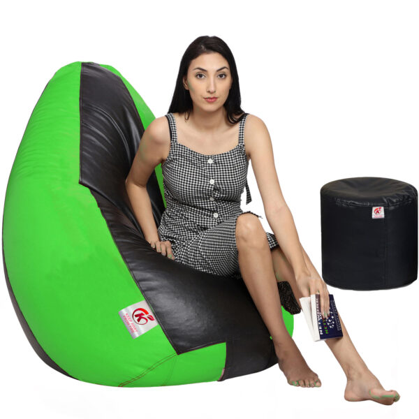 GUNJ XXL Artificial Leather Teardrop & Footstool Bean Bag Cover Pack of-2 (Without Bean Filling (Black & Green) - Image 2