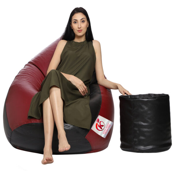 GUNJ XXL Artificial Leather Teardrop & Footstool Bean Bag Cover Pack of-2 (Without Bean Filling (Black & Maroon)
