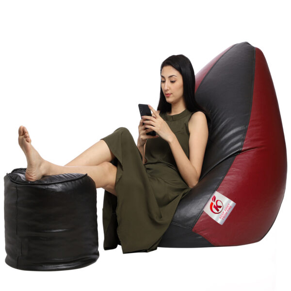 GUNJ XXL Artificial Leather Teardrop & Footstool Bean Bag Cover Pack of-2 (Without Bean Filling (Black & Maroon) - Image 2