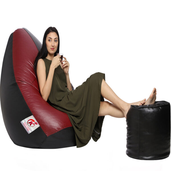 GUNJ XXL Artificial Leather Teardrop & Footstool Bean Bag Cover Pack of-2 (Without Bean Filling (Black & Maroon) - Image 3
