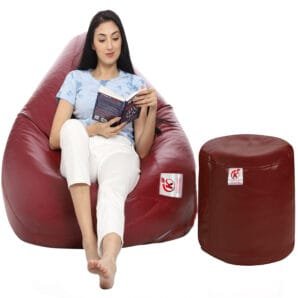GUNJ XXL Artificial Leather Teardrop & Footstool Bean Bag Cover Pack of-2 (Without Bean Filling (Maroon)