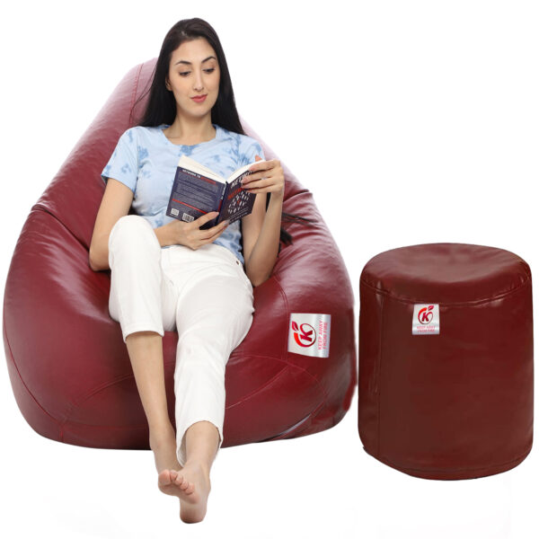 GUNJ XXL Artificial Leather Teardrop & Footstool Bean Bag Cover Pack of-2 (Without Bean Filling (Maroon)