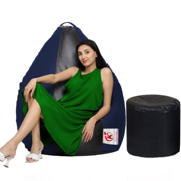 GUNJ XXL Artificial Leather Teardrop & Footstool Bean Bag Cover Pack of-2 (Without Bean Filling (Black & Navy)