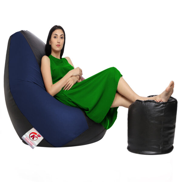 GUNJ XXL Artificial Leather Teardrop & Footstool Bean Bag Cover Pack of-2 (Without Bean Filling (Black & Navy) - Image 2