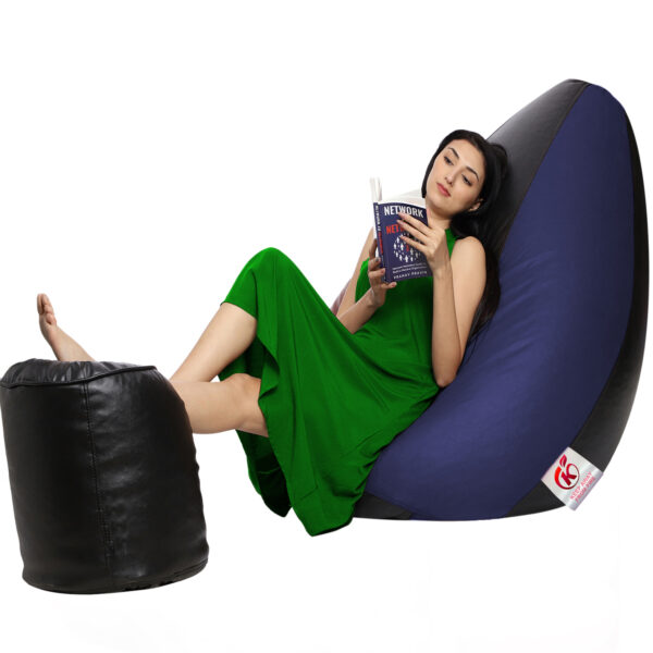 GUNJ XXL Artificial Leather Teardrop & Footstool Bean Bag Cover Pack of-2 (Without Bean Filling (Black & Navy) - Image 3