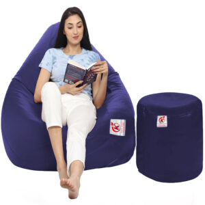 GUNJ XXL Artificial Leather Teardrop & Footstool Bean Bag Cover Pack of-2 (Without Bean Filling (Navy)