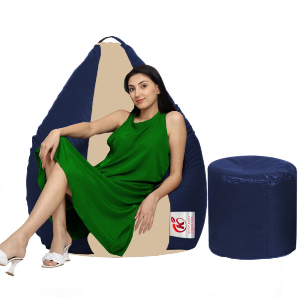 GUNJ XXL Artificial Leather Teardrop & Footstool Bean Bag Cover Pack of-2 (Without Bean Filling (Navy &Cream)