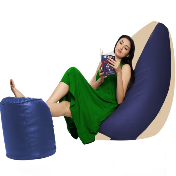GUNJ XXL Artificial Leather Teardrop & Footstool Bean Bag Cover Pack of-2 (Without Bean Filling (Navy &Cream) - Image 3