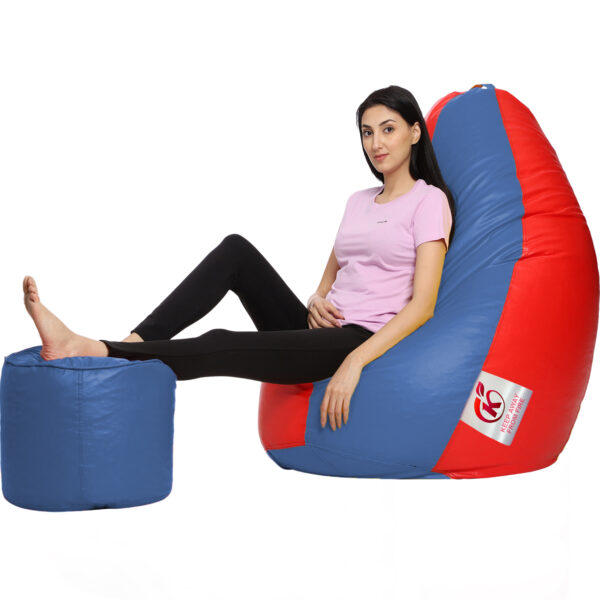 GUNJ XXL Artificial Leather Teardrop & Footstool Bean Bag Cover Pack of-2 (Without Bean Filling (Navy &Red) - Image 3