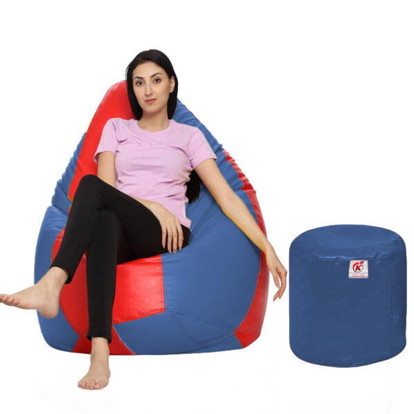 GUNJ XXL Artificial Leather Teardrop & Footstool Bean Bag Cover Pack of-2 (Without Bean Filling (Navy &Red)