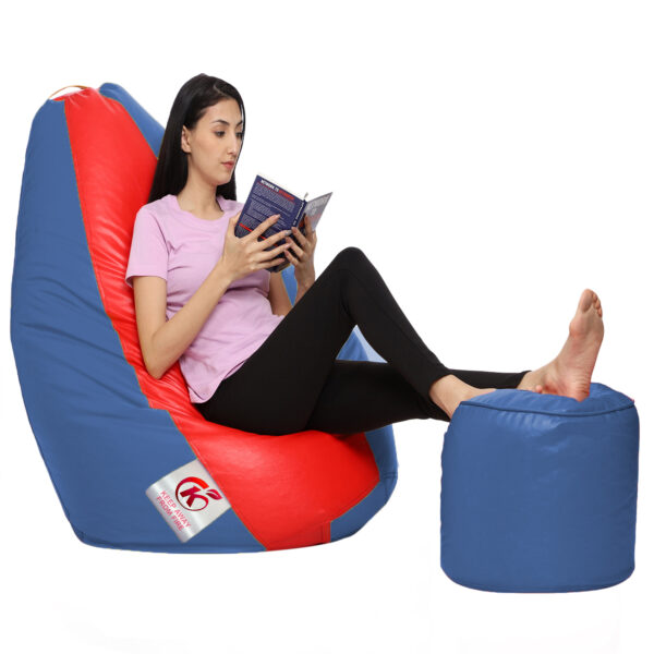 GUNJ XXL Artificial Leather Teardrop & Footstool Bean Bag Cover Pack of-2 (Without Bean Filling (Navy &Red) - Image 2