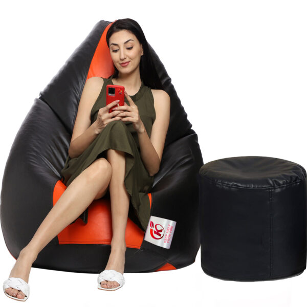 GUNJ XXL Artificial Leather Teardrop & Footstool Bean Bag Cover Pack of-2 (Without Bean Filling (Orange & Black)
