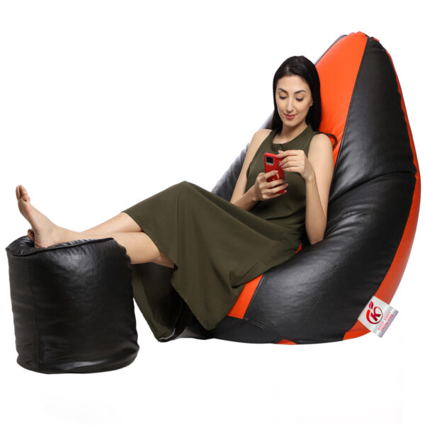 GUNJ XXL Artificial Leather Teardrop & Footstool Bean Bag Cover Pack of-2 (Without Bean Filling (Orange & Black) - Image 2