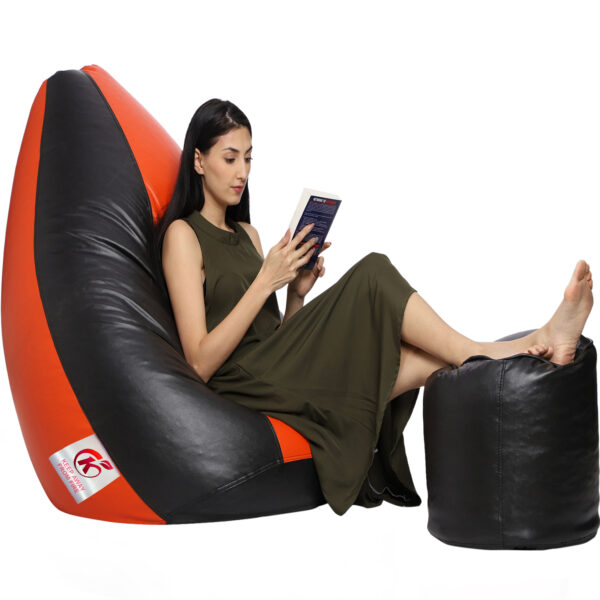 GUNJ XXL Artificial Leather Teardrop & Footstool Bean Bag Cover Pack of-2 (Without Bean Filling (Orange & Black) - Image 3
