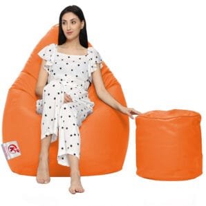 GUNJ XXL Artificial Leather Teardrop & Footstool Bean Bag Cover Pack of-2 (Without Bean Filling (Orange)