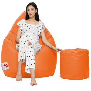 GUNJ XXL Artificial Leather Teardrop & Footstool Bean Bag Cover Pack of-2 (Without Bean Filling (Orange)