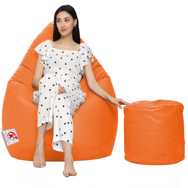 GUNJ XXL Artificial Leather Teardrop & Footstool Bean Bag Cover Pack of-2 (Without Bean Filling (Orange)