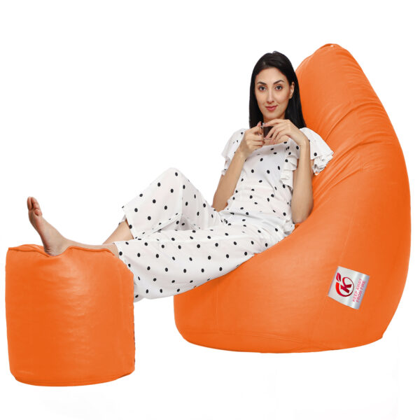 GUNJ XXL Artificial Leather Teardrop & Footstool Bean Bag Cover Pack of-2 (Without Bean Filling (Orange) - Image 2