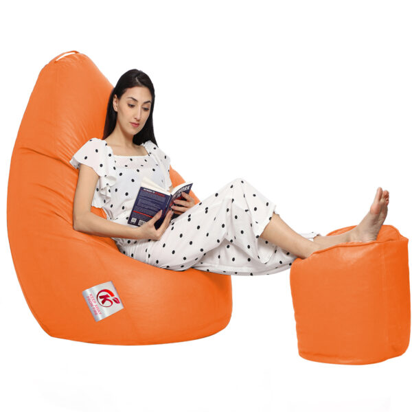 GUNJ XXL Artificial Leather Teardrop & Footstool Bean Bag Cover Pack of-2 (Without Bean Filling (Orange) - Image 3