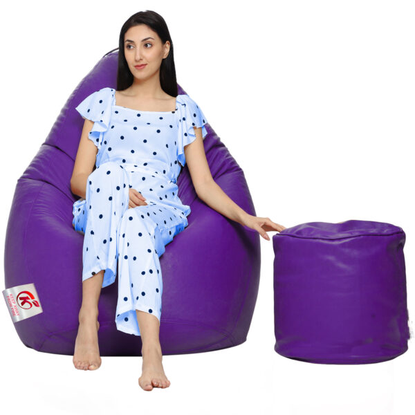 GUNJ XXL Artificial Leather Teardrop & Footstool Bean Bag Cover Pack of-2 (Without Bean Filling (Purple)