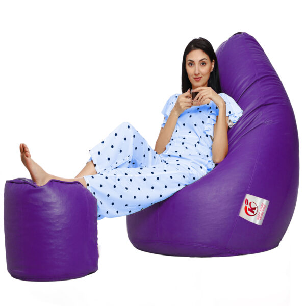 GUNJ XXL Artificial Leather Teardrop & Footstool Bean Bag Cover Pack of-2 (Without Bean Filling (Purple) - Image 2