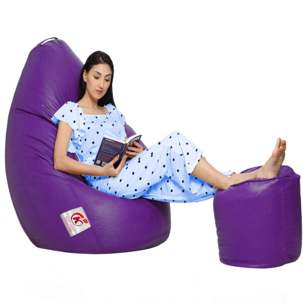 GUNJ XXL Artificial Leather Teardrop & Footstool Bean Bag Cover Pack of-2 (Without Bean Filling (Purple) - Image 3