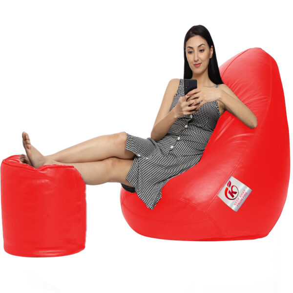 GUNJ XXL Artificial Leather Teardrop & Footstool Bean Bag Cover Pack of-2 (Without Bean Filling (Red) - Image 2