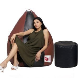 GUNJ XXL Artificial Leather Teardrop & Footstool Bean Bag Cover Pack of-2 (Without Bean Filling (Tan & Black)