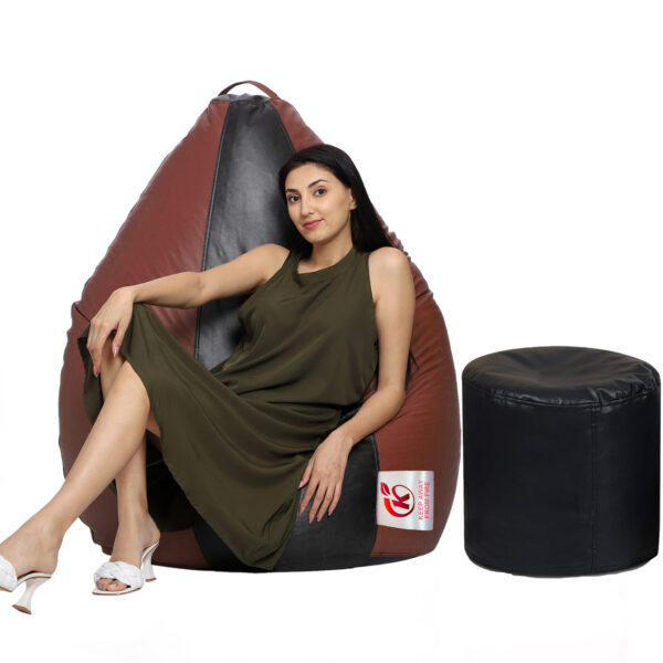 GUNJ XXL Artificial Leather Teardrop & Footstool Bean Bag Cover Pack of-2 (Without Bean Filling (Tan & Black)