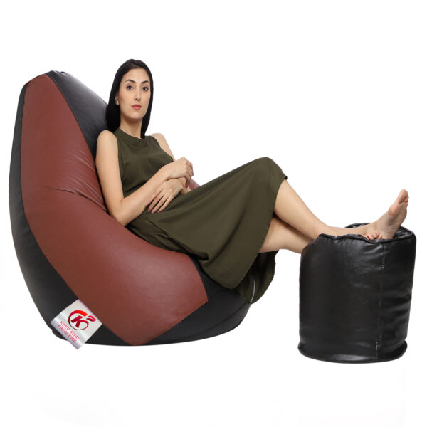 GUNJ XXL Artificial Leather Teardrop & Footstool Bean Bag Cover Pack of-2 (Without Bean Filling (Tan & Black) - Image 2