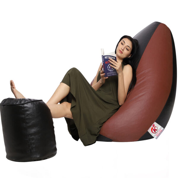 GUNJ XXL Artificial Leather Teardrop & Footstool Bean Bag Cover Pack of-2 (Without Bean Filling (Tan & Black) - Image 3