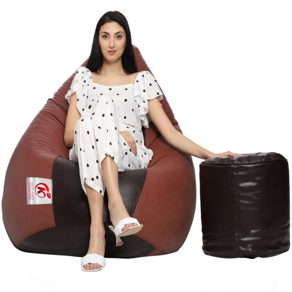 GUNJ XXL Artificial Leather Teardrop & Footstool Bean Bag Cover Pack of-2 (Without Bean Filling (Tan & Brown)