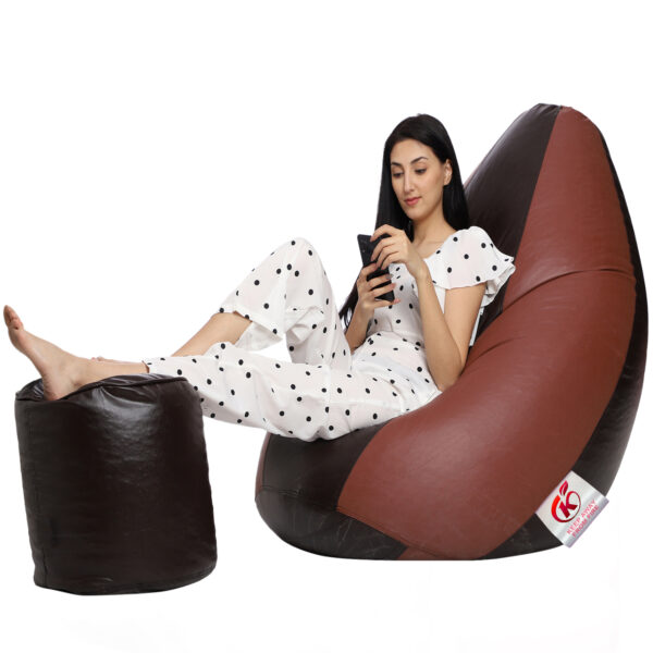 GUNJ XXL Artificial Leather Teardrop & Footstool Bean Bag Cover Pack of-2 (Without Bean Filling (Tan & Brown) - Image 2