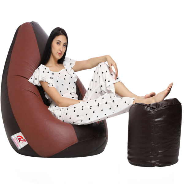 GUNJ XXL Artificial Leather Teardrop & Footstool Bean Bag Cover Pack of-2 (Without Bean Filling (Tan & Brown) - Image 3
