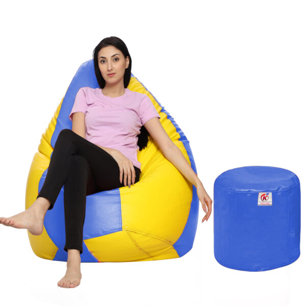 GUNJ XXL Artificial Leather Teardrop & Footstool Bean Bag Cover Pack of-2 (Without Bean Filling (Yellow & Blue)