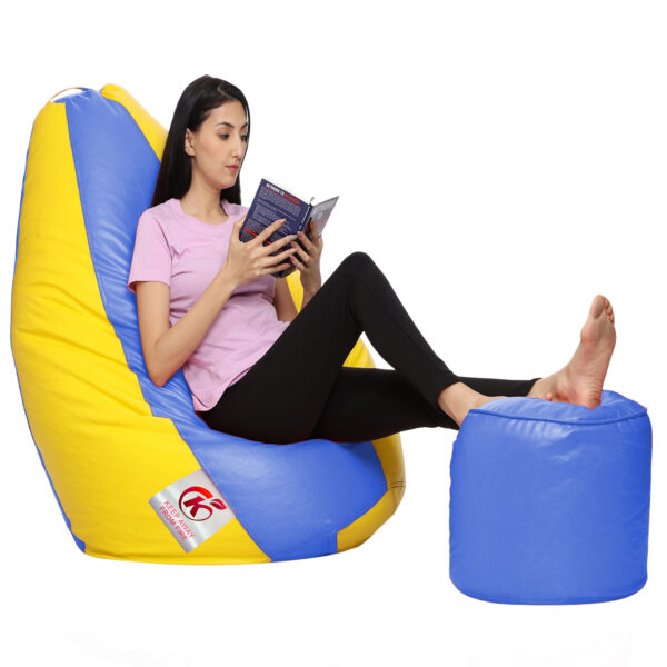 GUNJ XXL Artificial Leather Teardrop & Footstool Bean Bag Cover Pack of-2 (Without Bean Filling (Yellow & Blue) - Image 3