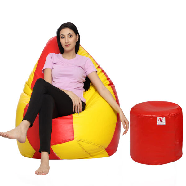 GUNJ XXXL Artificial Leather Teardrop & Footstool Bean Bag Cover Pack of-2 (Without Bean Filling (Yellow & Red)