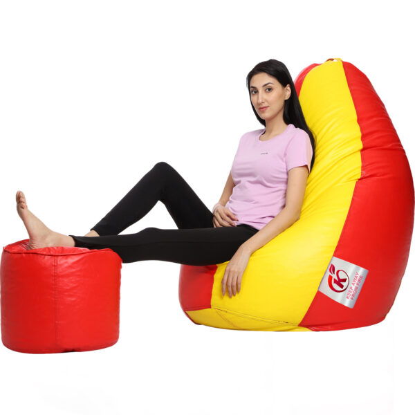 GUNJ XXXL Artificial Leather Teardrop & Footstool Bean Bag Cover Pack of-2 (Without Bean Filling (Yellow & Red) - Image 2