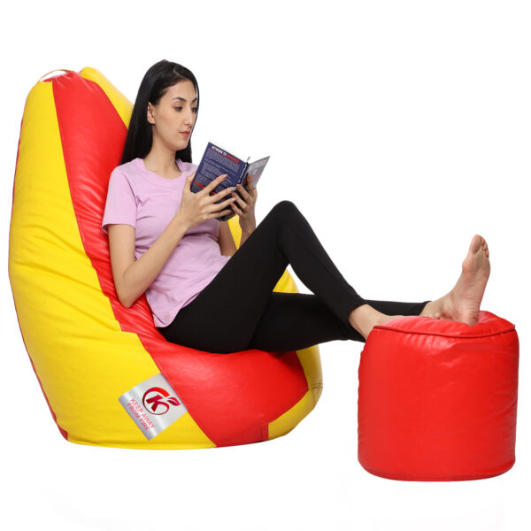 GUNJ XXXL Artificial Leather Teardrop & Footstool Bean Bag Cover Pack of-2 (Without Bean Filling (Yellow & Red) - Image 3