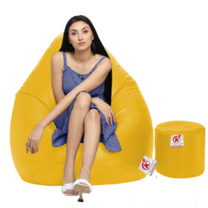GUNJ XXL Artificial Leather Teardrop & Footstool Bean Bag Cover Pack of-2 (Without Bean Filling (Yellow)