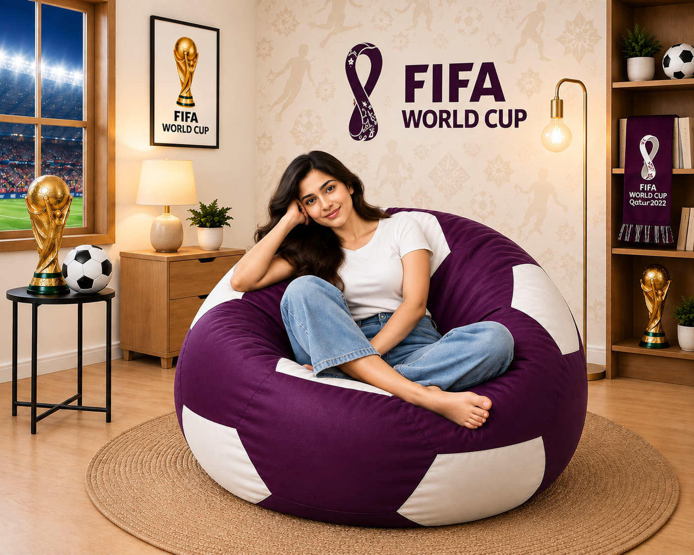 Premium Football Bean Bag Cover โ Purple & White | XL, 2XL & 3XL