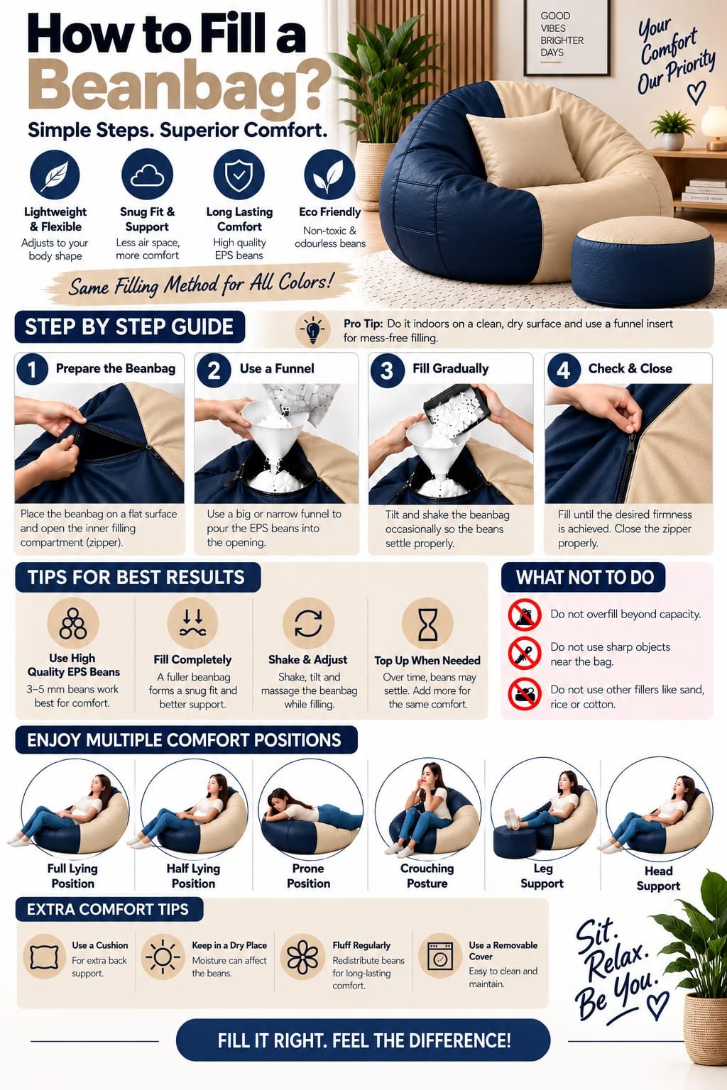 Premium Cream & Navy Bean Bag Cover 3 Piece Set – 2XL, 3XL & 4XL - Image 4