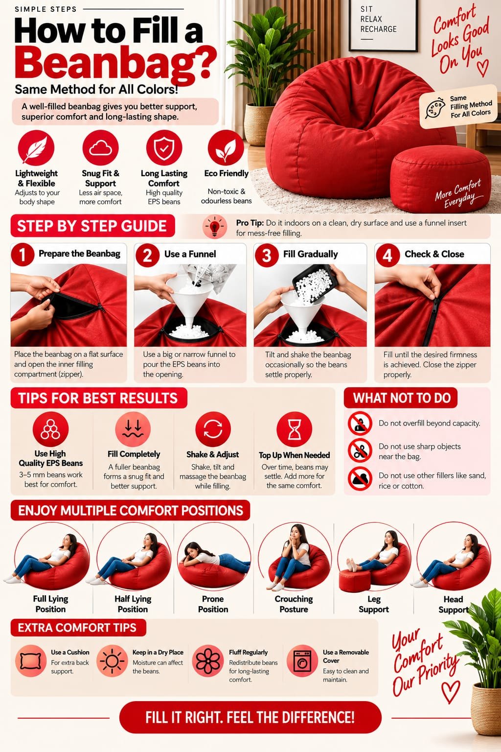 Premium Red Bean Bag Cover 3 Piece Set – Cover, Stool & Cushion | 2XL, 3XL & 4XL - Image 5